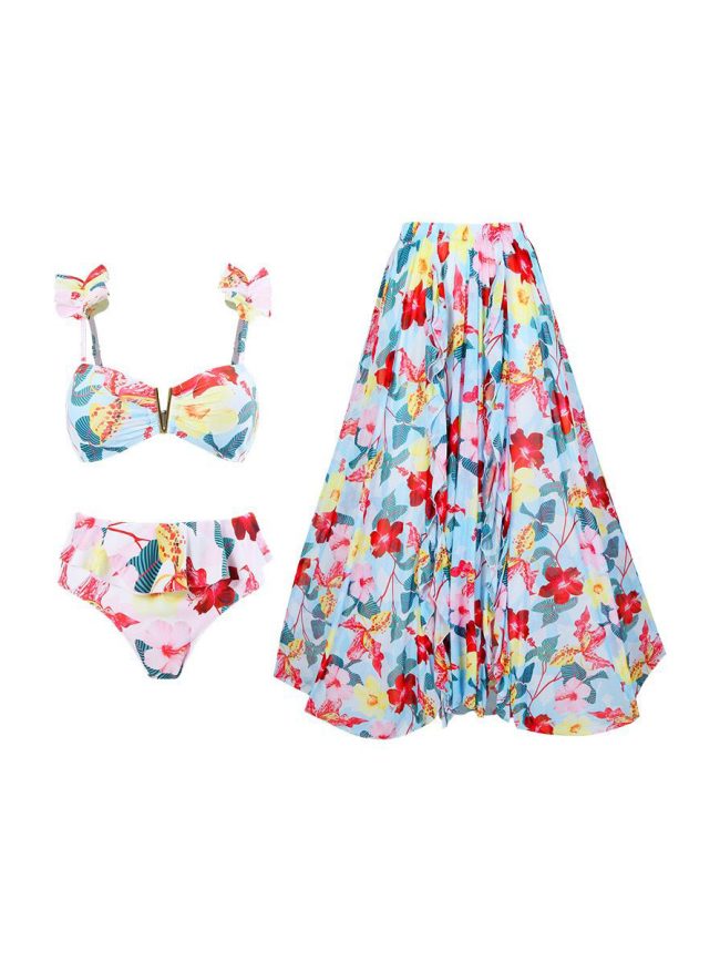Blue Bloom Floral Bikini Set with Maxi Skirt