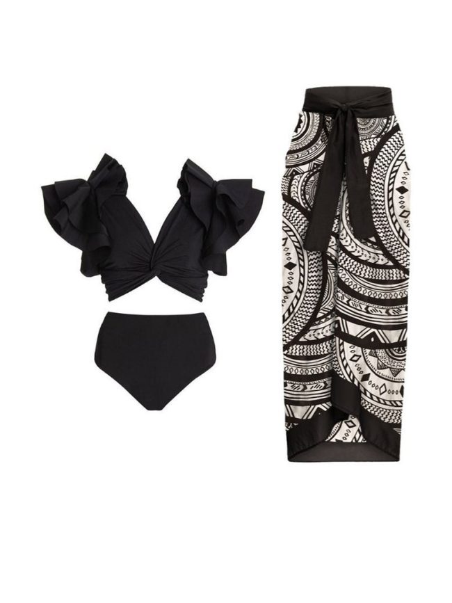 Ruffle Black Bikini Set with Tribal Wrap Skirt