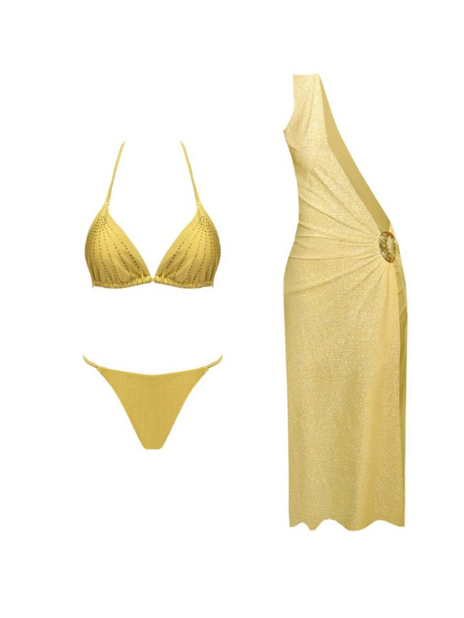 Golden Glow Bikini Set with Draped One-Shoulder Dress