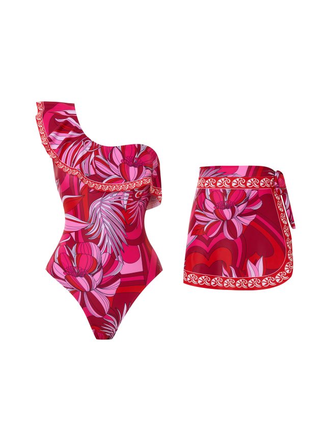 Ruby Bloom One-Shoulder Swimsuit & Wrap Skirt Set