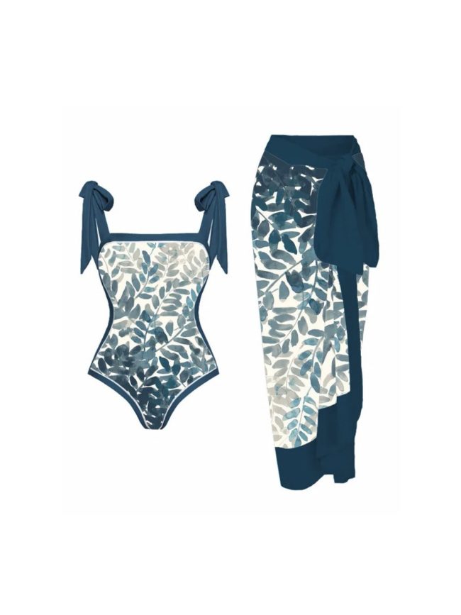 Deep Blue Botanical One-Piece & Wrap Skirt Set