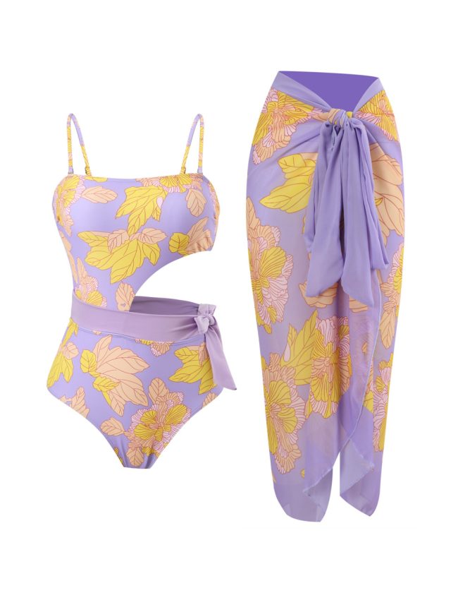 Lilac Bloom Cut-Out Swimsuit Set