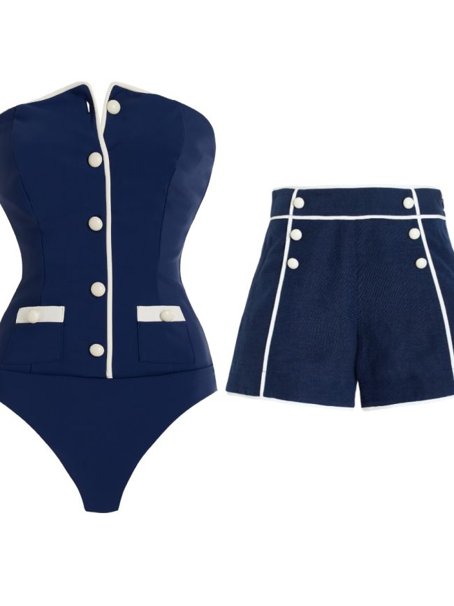 Marina Bleu Buttoned Swimsuit Set