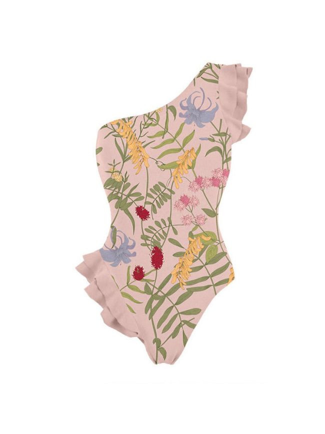 Rosa Botanica One-Shoulder Swimsuit & Wrap Skirt Set