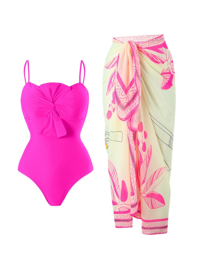 Fuchsia Bloom One-Shoulder Swimsuit & Sarong Set
