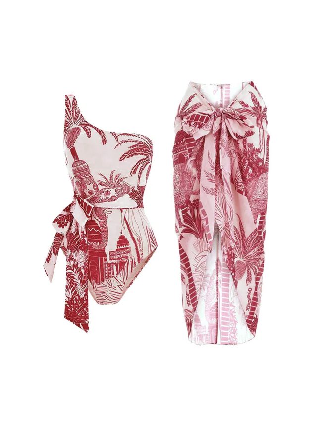 Rouge Scenery One-Shoulder Swimsuit & Sarong Set
