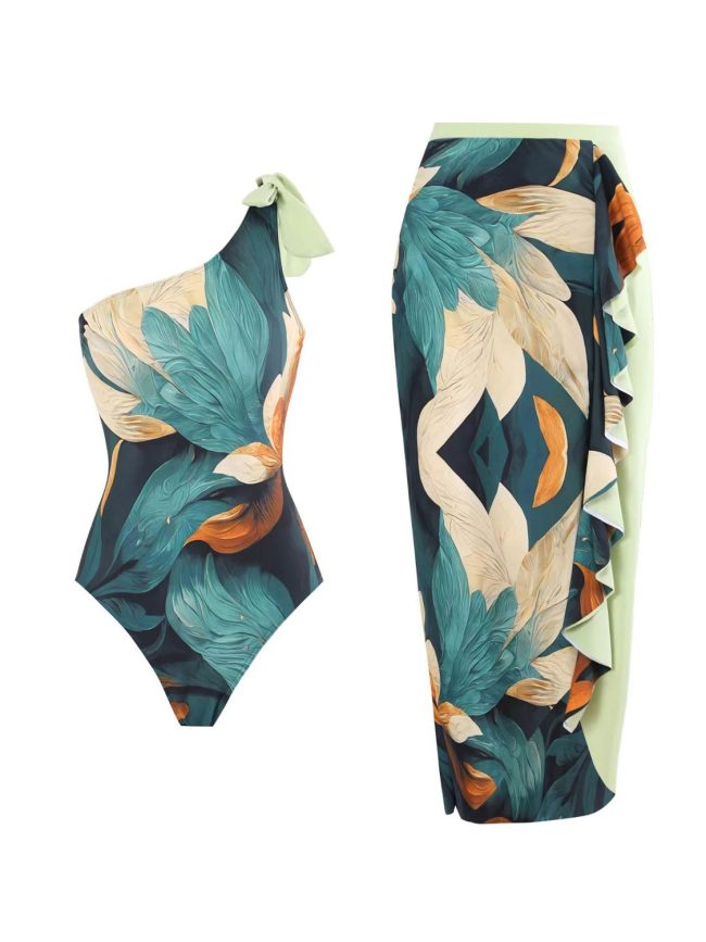 Verde Pluma One-Shoulder Swimsuit & Ruffled Sarong Set