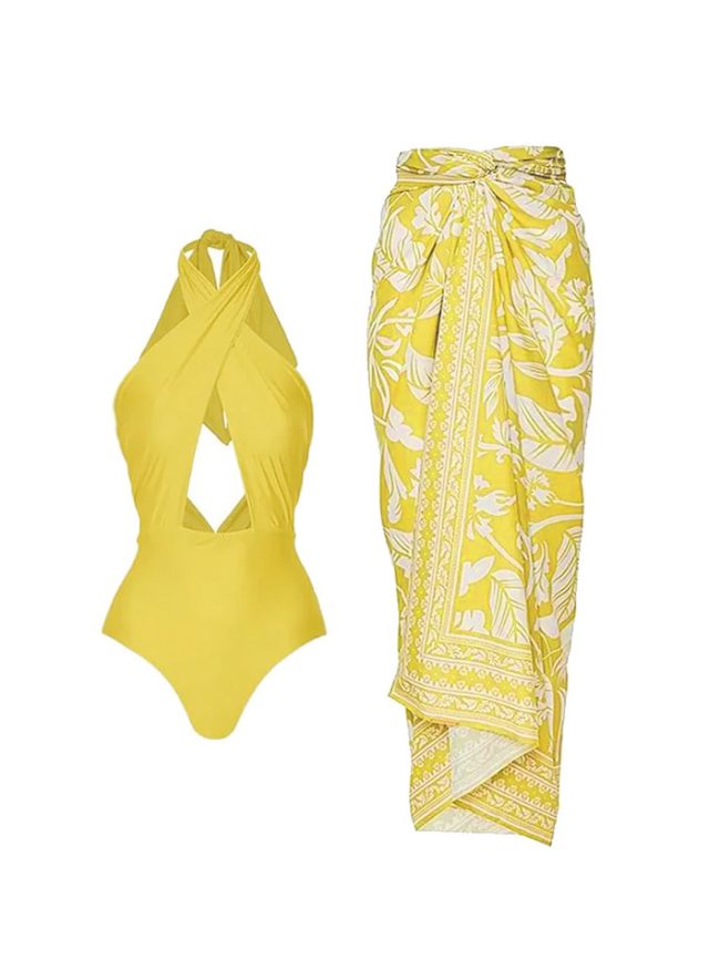 Soleil Halter One-Piece Swimsuit & Printed Sarong Set