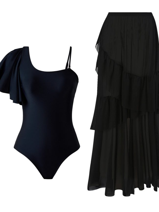 Noir Élan One-Shoulder Swimsuit Set