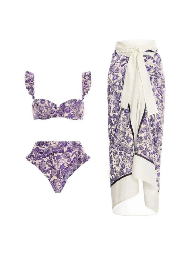 Lavender Floral Bikini Set with Wrap Sarong Skirt