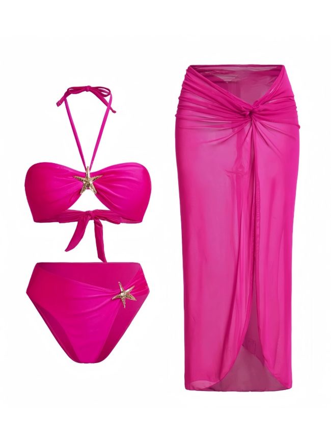 Fuchsia Starfish Bikini Set with Sheer Wrap Sarong