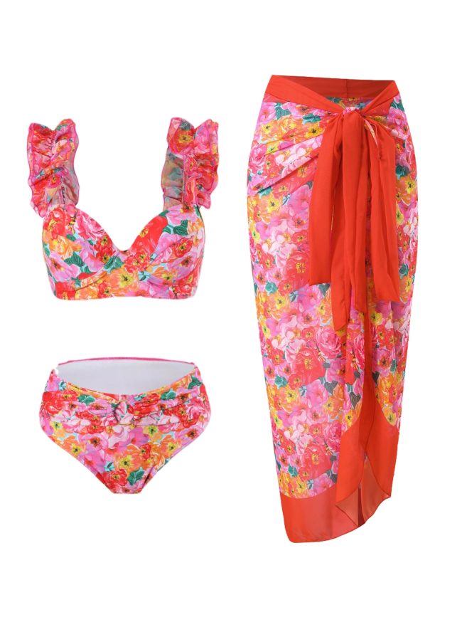 Sunset Garden Floral Bikini Set with Wrap Sarong