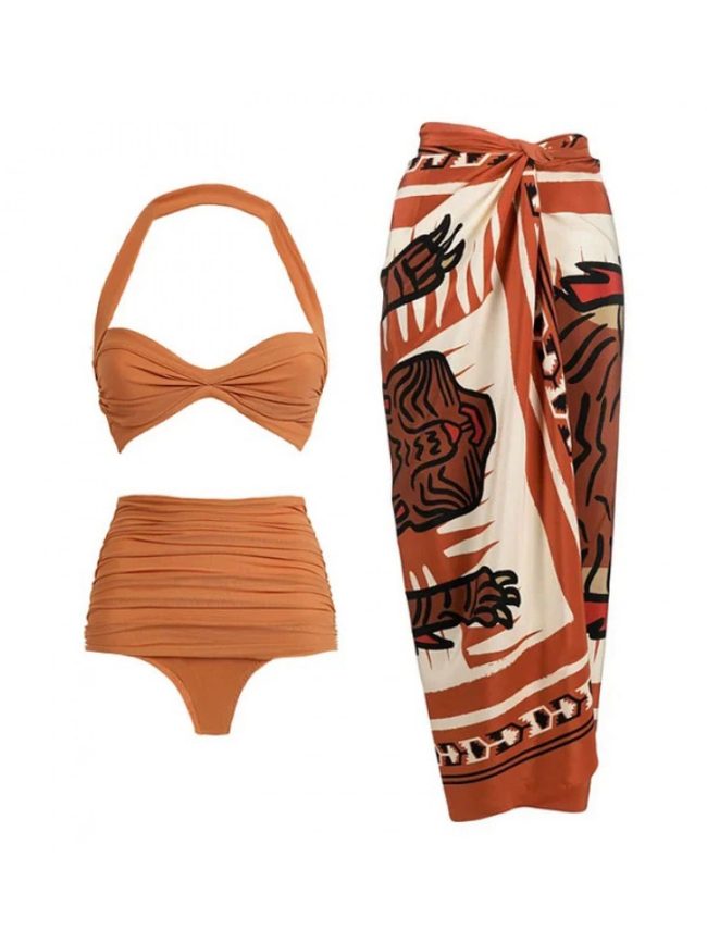 Terracotta Retro Bikini with Wrap Sarong