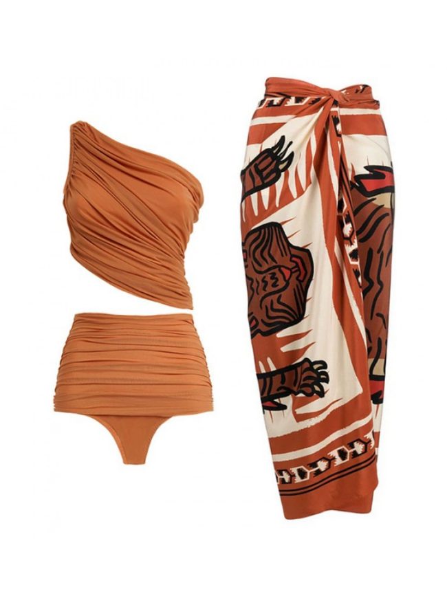 Terracotta One-Shoulder Bikini with Wrap Sarong