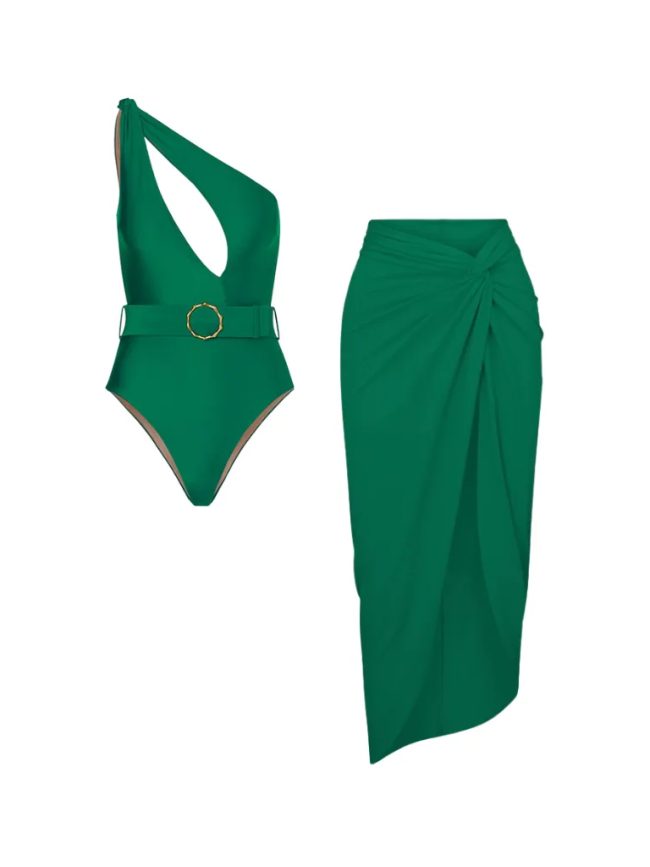 Emerald One-Shoulder Belted One-Piece