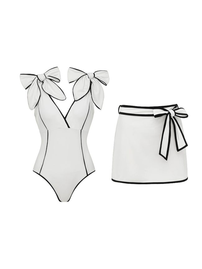 White Bow-Strap One-Piece Swimsuit with Wrap Skirt