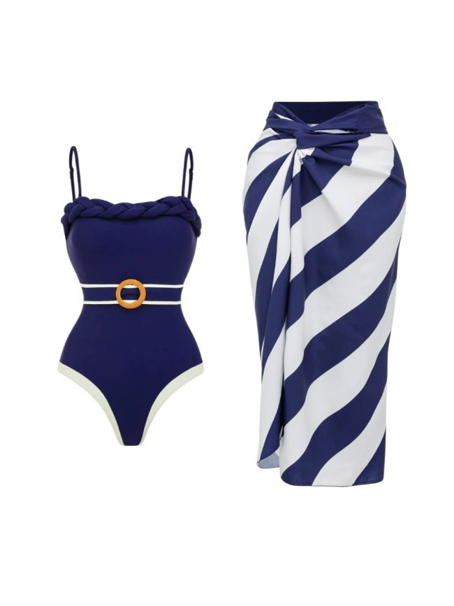 Navy Braided One-Piece Swimsuit with Striped Wrap Skirt