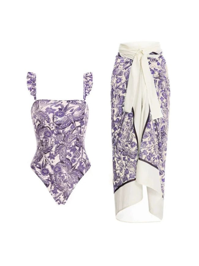 Lavender Floral One-Piece Swimsuit with Wrap Sarong Skirt