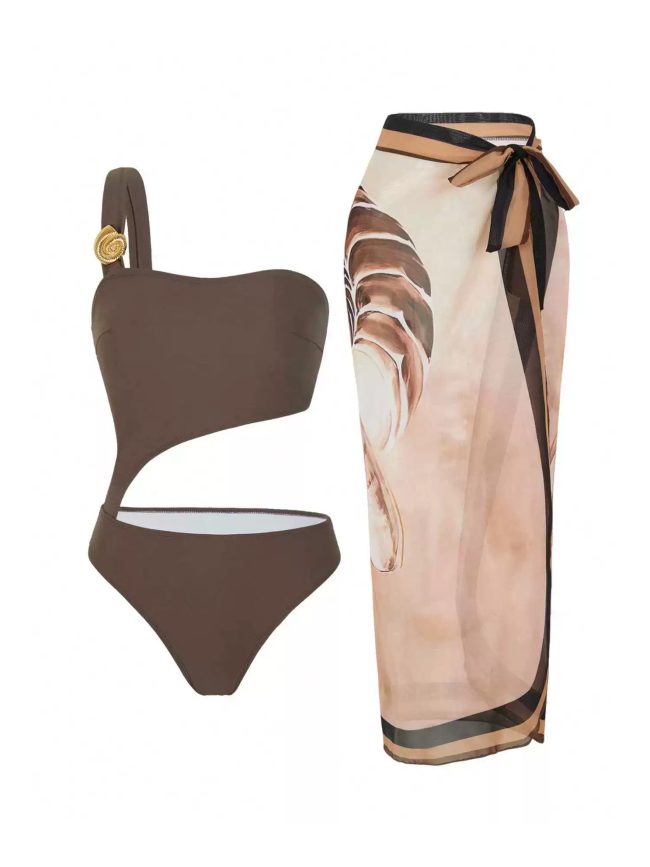Mocha Cut-Out One-Piece Swimsuit with Artistic Wrap Sarong