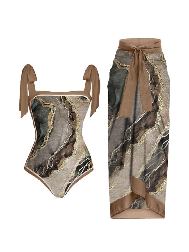 Golden Marble One-Piece Swimsuit with Wrap Sarong