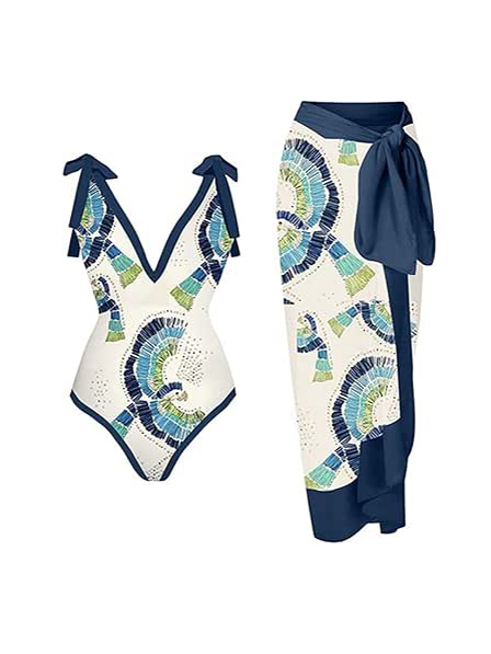 Mediterranean Mosaic One-Piece Swimsuit with Wrap Sarong