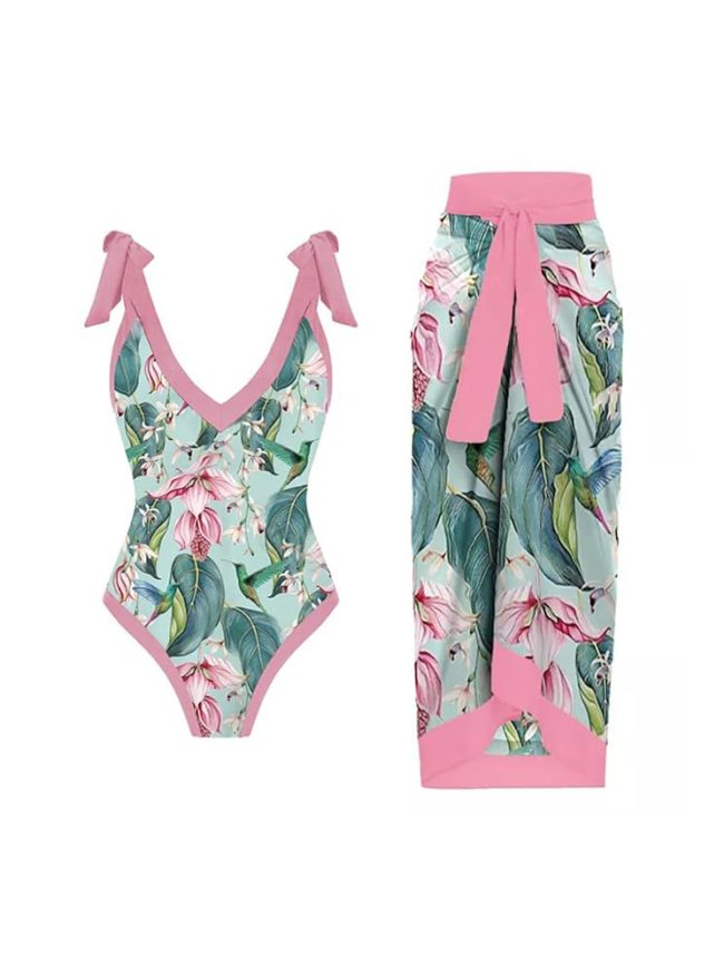 Tropical Orchid One-Piece Swimsuit with Wrap Sarong