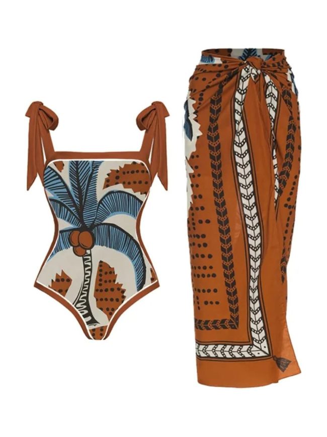 Bohemian Palm One-Piece Swimsuit with Wrap Sarong