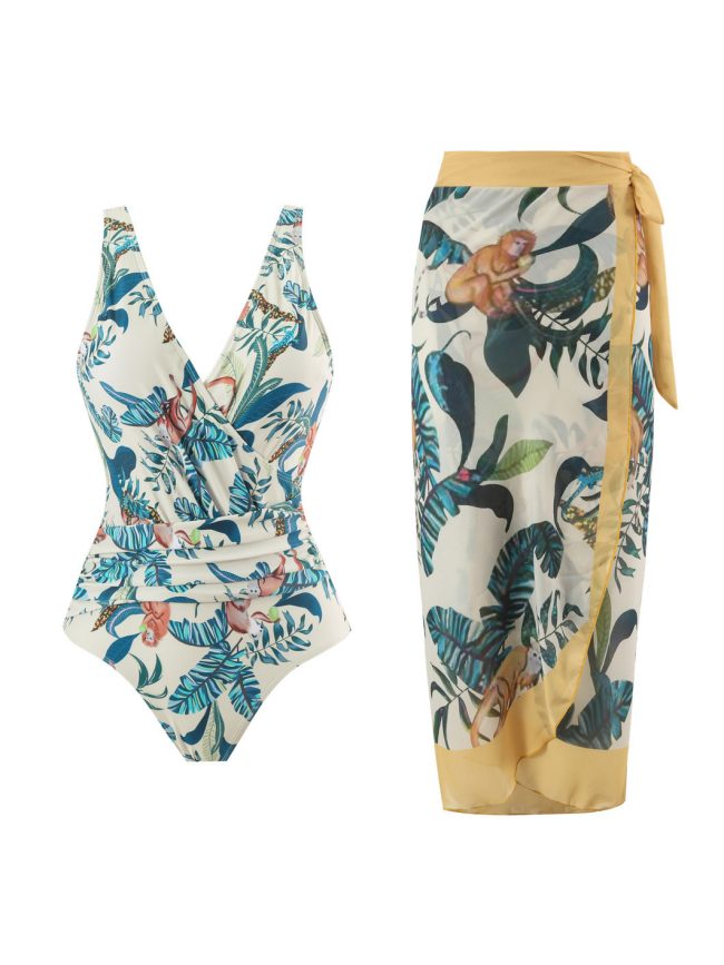 Tropical Jungle One-Piece Swimsuit with Wrap Sarong