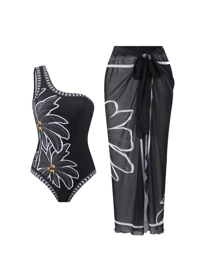 Midnight Floral One-Shoulder Swimsuit with Wrap Sarong