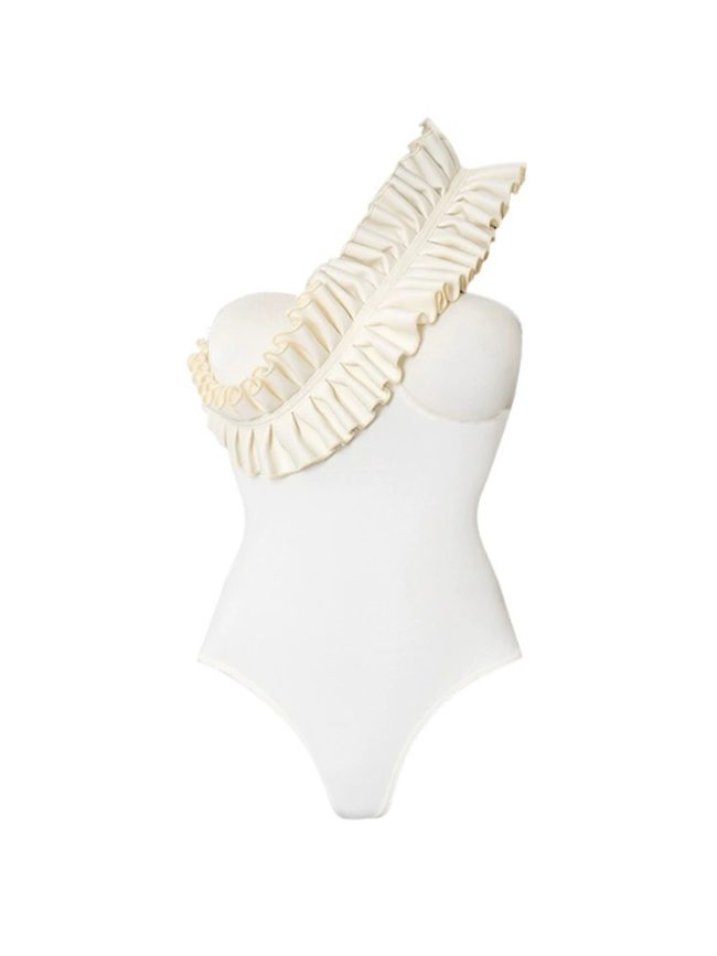 Ivory Ruffle One-Shoulder Swimsuit