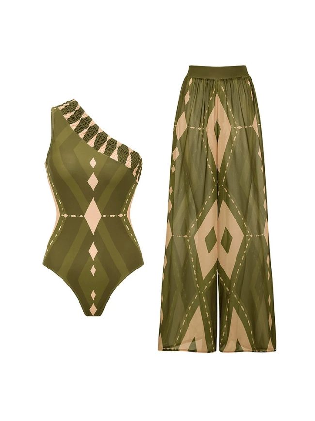 Olive Geometric One-Shoulder Swimsuit with Sheer Maxi Sarong