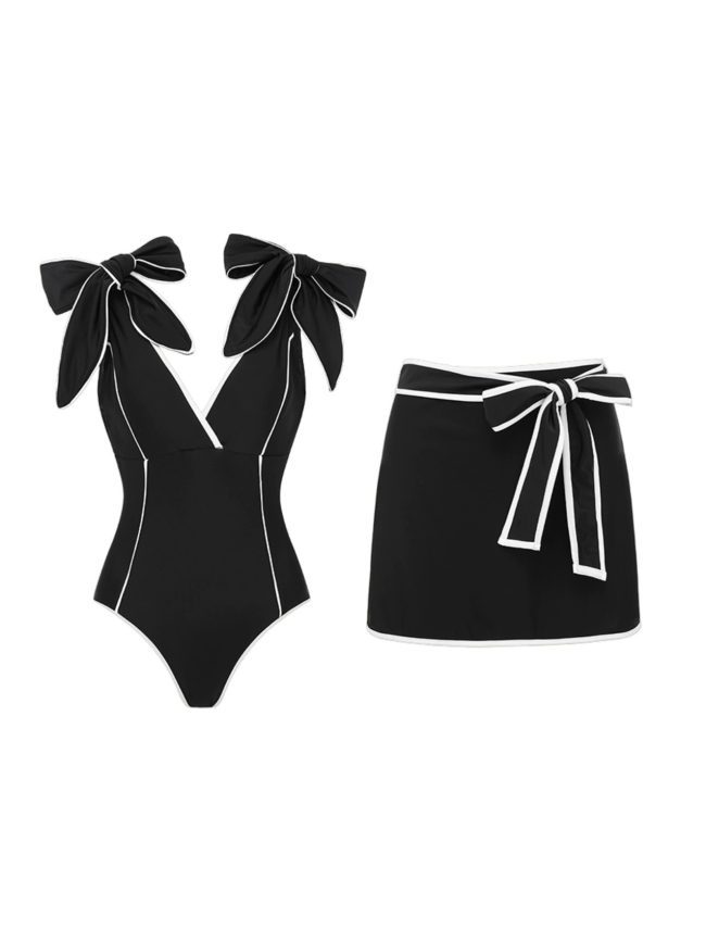 Black & White Bow-Strap One-Piece Swimsuit with Wrap Skirt
