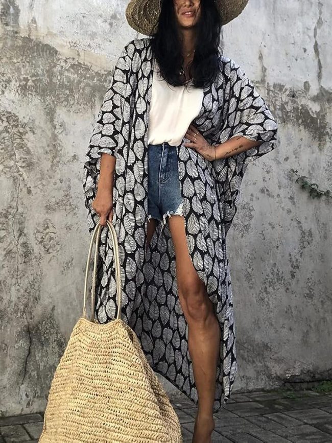 Black & White Leaf Print Kimono