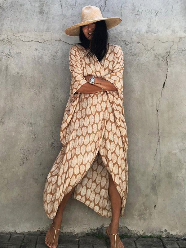 Camel Leaf Print Kimono