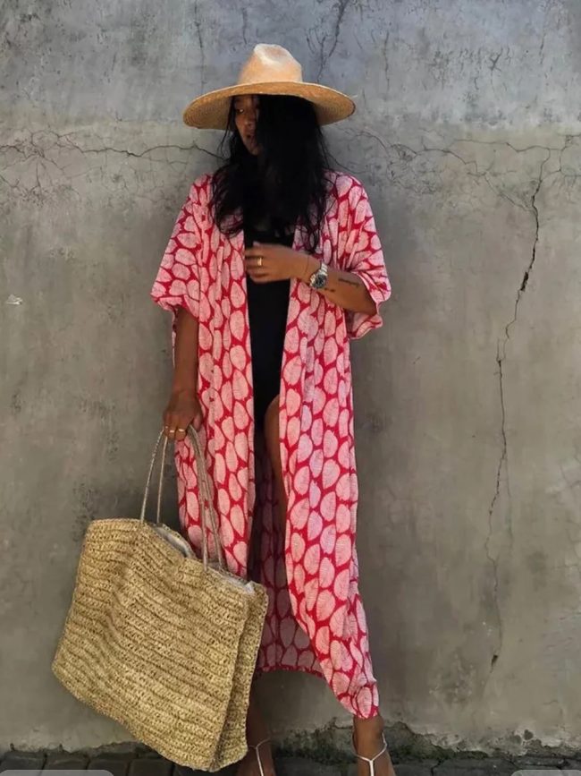 Coral Red Leaf Print Kimono