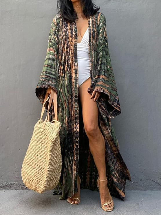 Green Tie-Dye Maxi Kimono Cover-Up