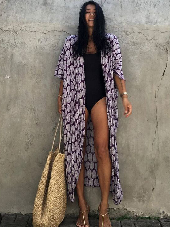 Plum Leaf Print Kimono