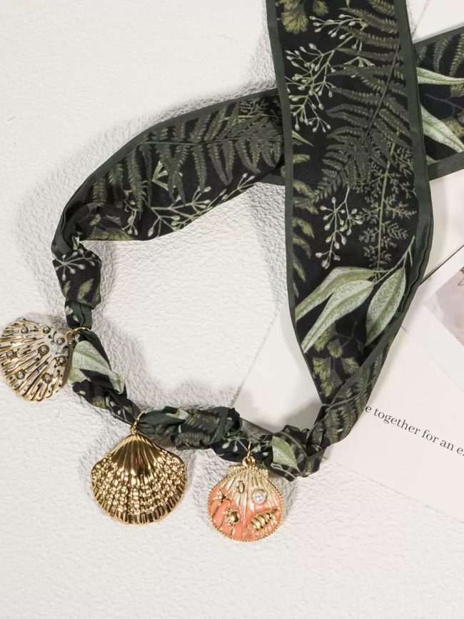 Botanical Shell Charm Scarf Necklace – Olive Green