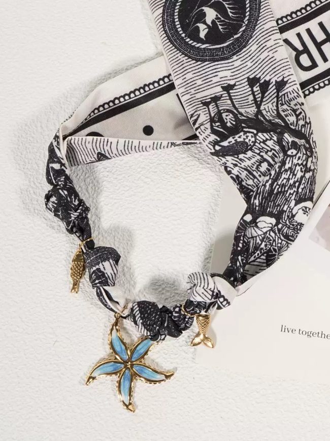 Monochrome Starfish Charm Scarf Necklace – Black & White