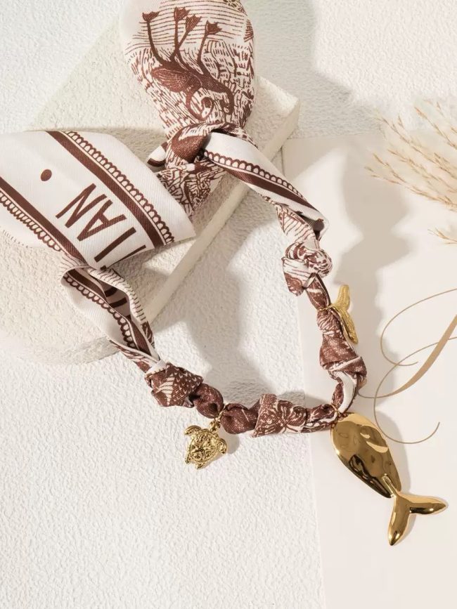 Vintage Ocean Charm Scarf Necklace – Brown