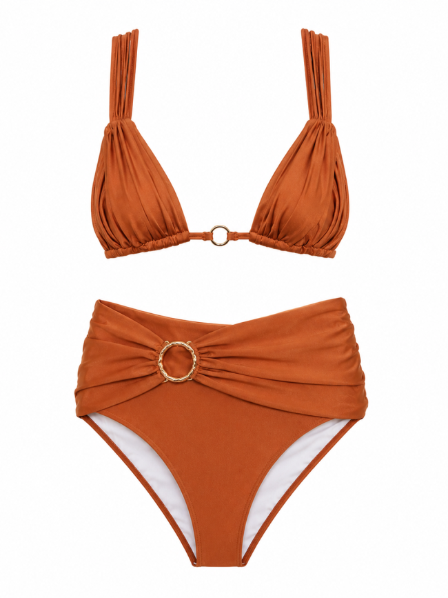 Bronze Ring Detail High-Waist Bikini Set