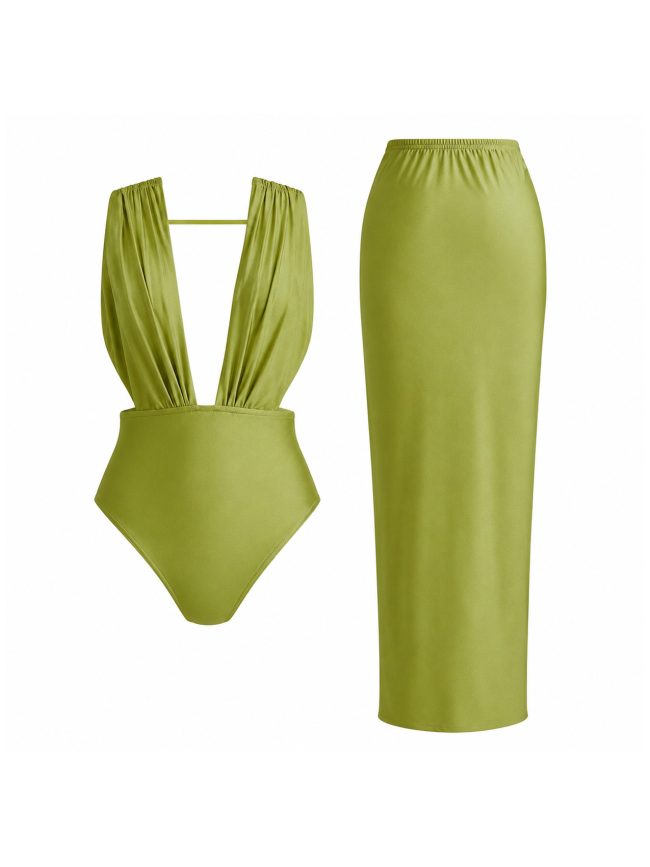 Olive Plunge One-Piece Swimsuit with Matching Maxi Skirt