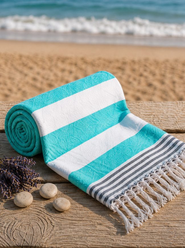 Turquoise Striped Beach Towel – 100 × 180 cm