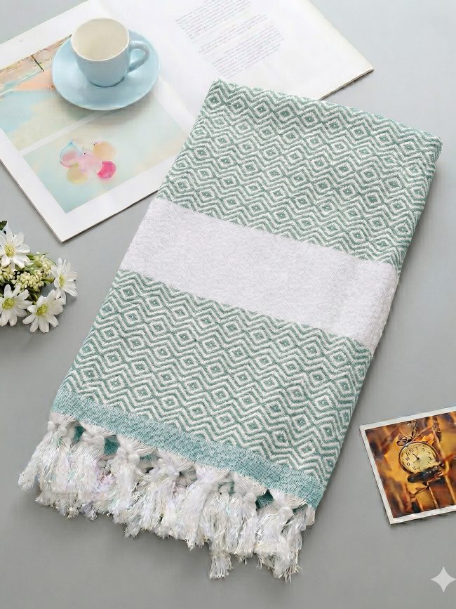Green Diamond Pattern Towel – 100 × 180 cm