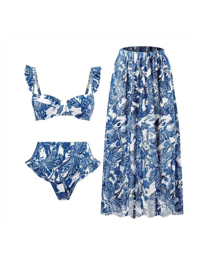 Blue Floral Bikini Set with Matching Maxi Skirt