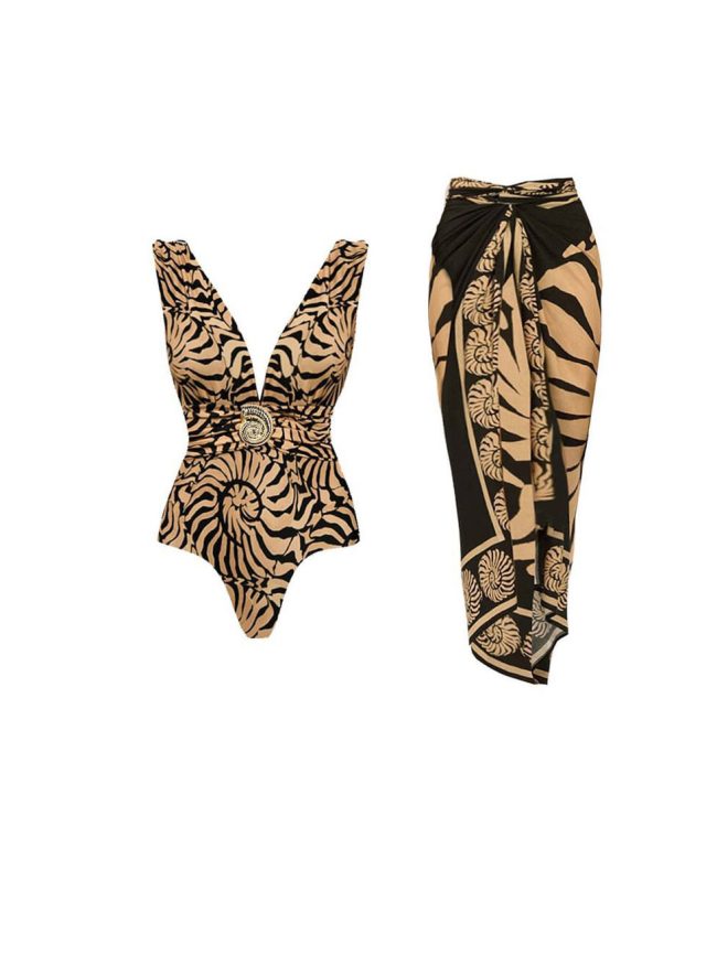 Savanna Print One-Piece Swimsuit with Matching Wrap Skirt