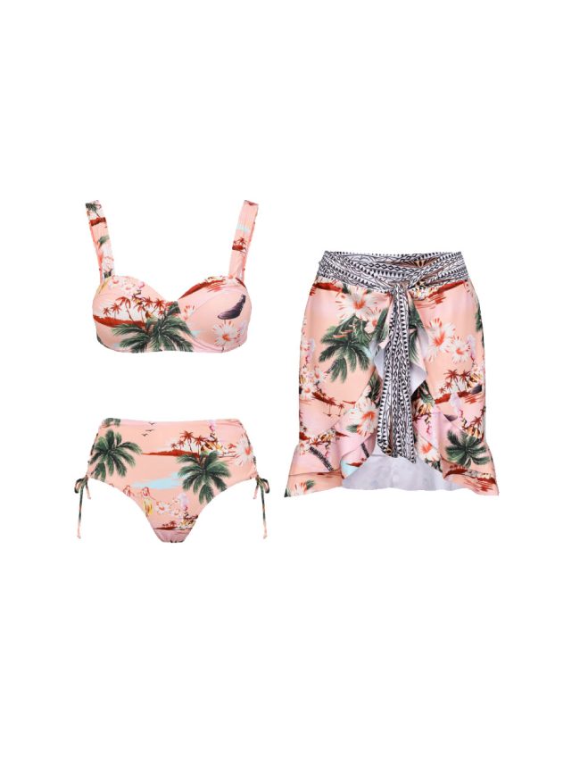 Tropical Peach Bikini Set with Matching Wrap Skirt