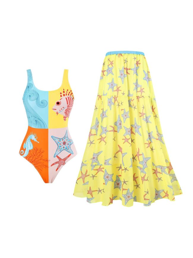 Starfish One-Piece Swimsuit with Matching Maxi Skirt