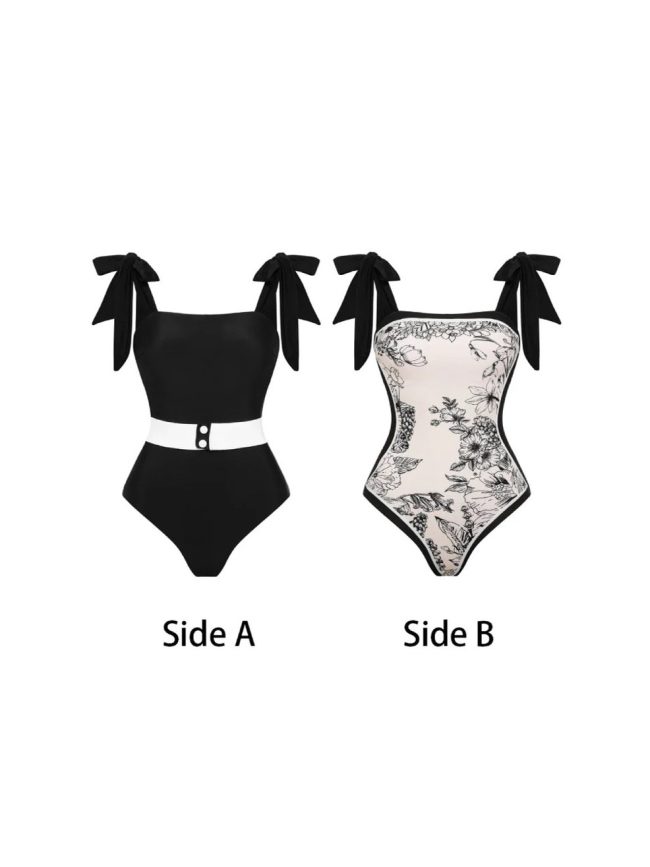 Reversible Black Bow One-Piece Swimsuit with Matching Wrap Skirt