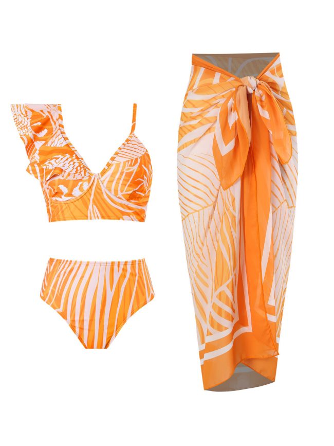 Sunset Leaf Bikini Set with Matching Wrap Skirt